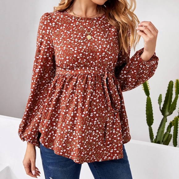 Maternity Rust Brown Floral Print Belted Long Sleeve Blouse - Picture 3 of 9